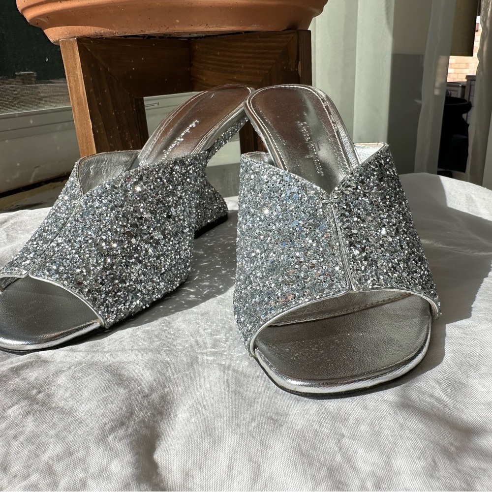 Salvatore Ferragamo Ladies Argento Sansu Sculptural Heel Mules NEW IN BOX W BAGS